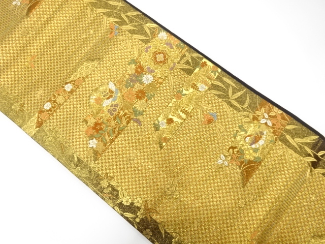 JAPANESE KIMONO / FUKURO OBI / SILK / WOVEN ABSTRACT STRIPE & FLOWERS & BUTTERFLY